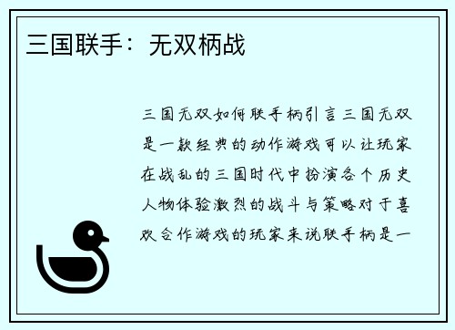 三国联手：无双柄战